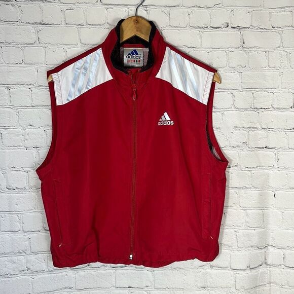 Adidas Jackets & Blazers - VINTAGE Adidas Full Zip Red Running Windbreaker Vest Sz M Reflective Mesh Y2K